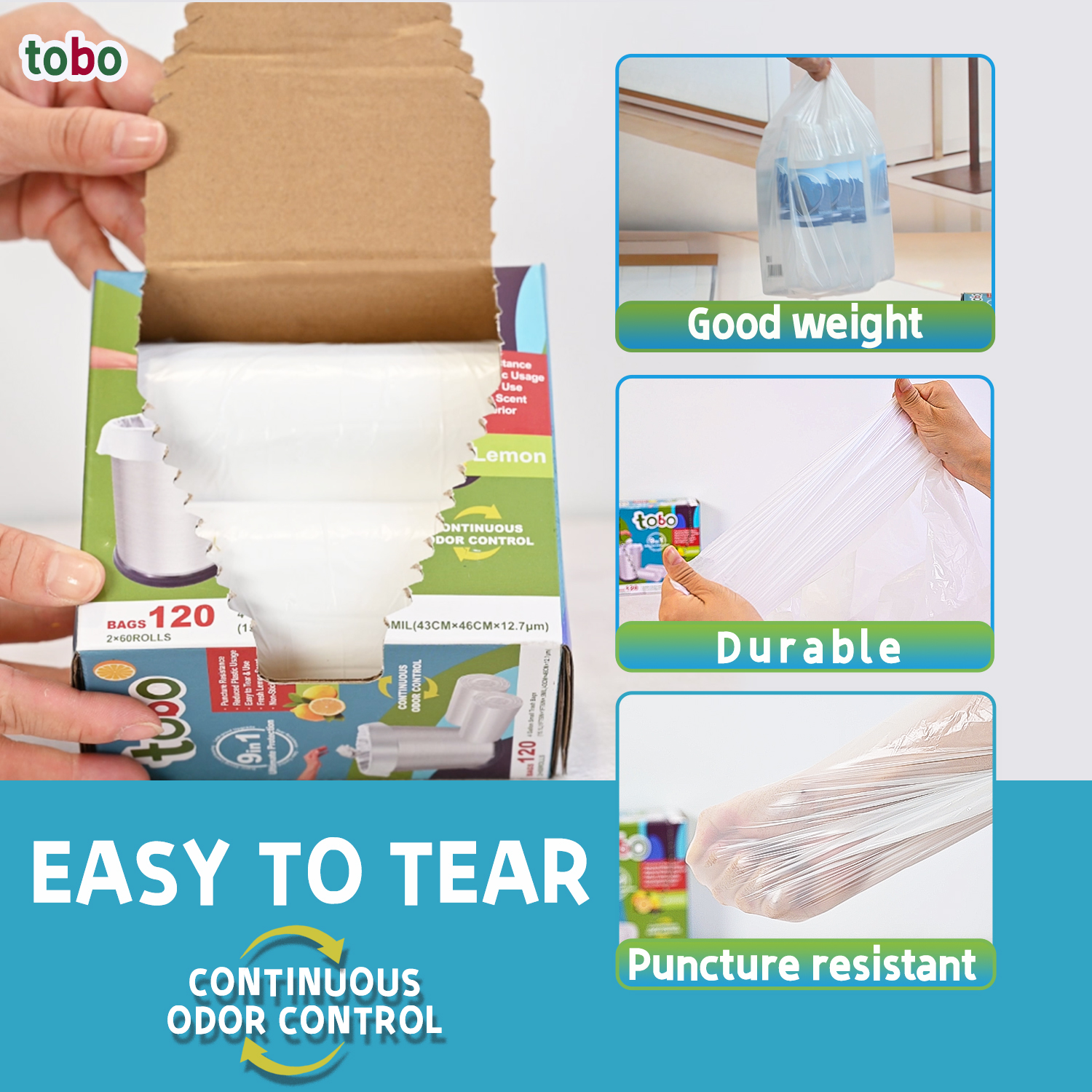 Tobo 4 Gallon Small Trash Bags – 120 Count (2 Rolls) | Lemon Scented Garbage Bags with 9-in-1 Ultimate Protection | Leak-Proof, Odor Control, Puncture Resistant