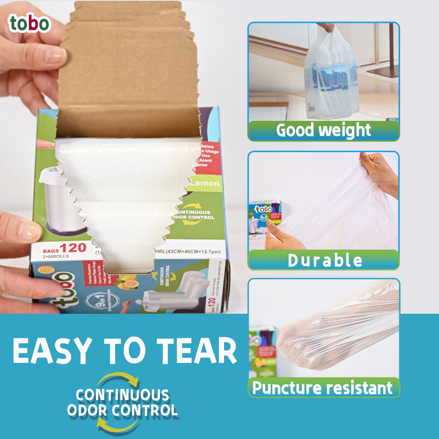 Tobo 4 Gallon Small Trash Bags – 120 Count (2 Rolls) | Lemon Scented Garbage Bags with 9-in-1 Ultimate Protection | Leak-Proof, Odor Control, Puncture Resistant