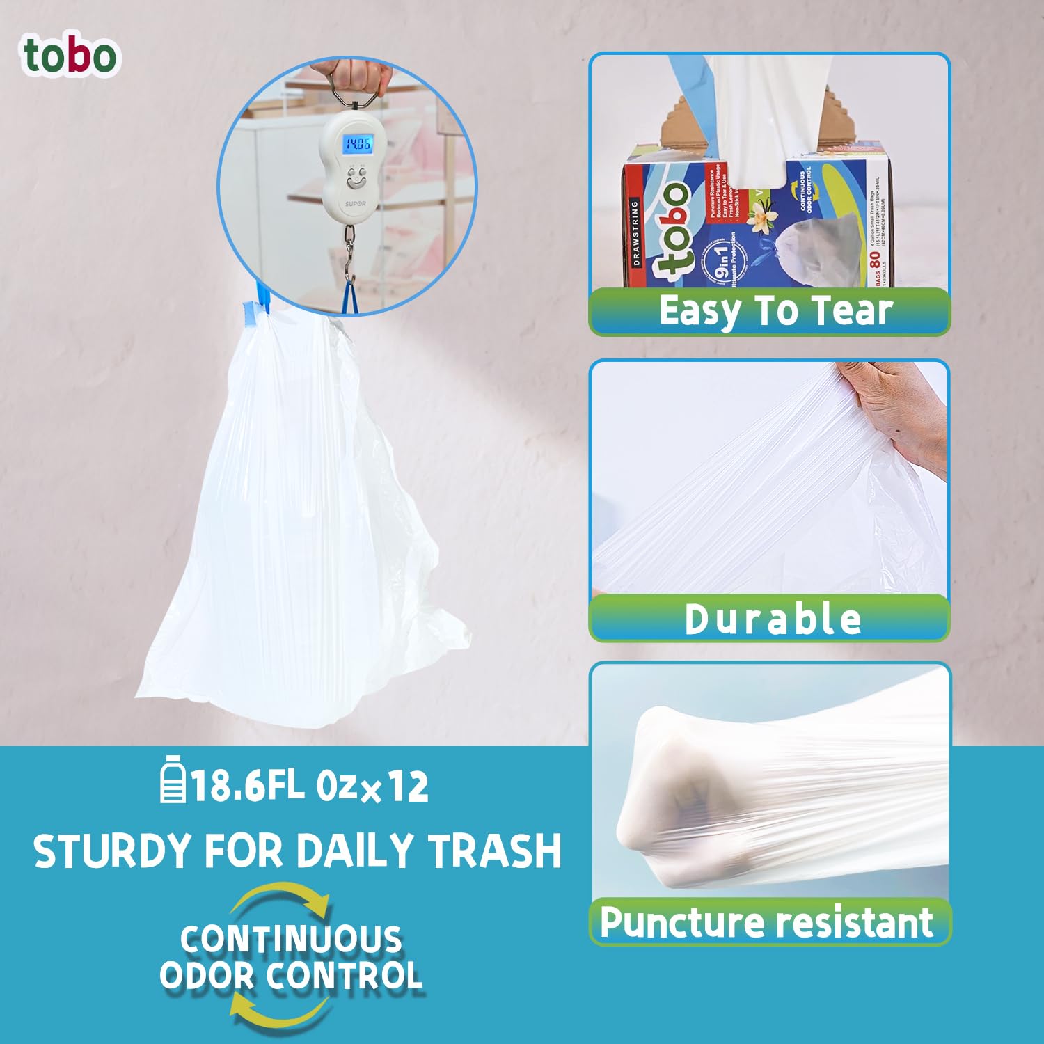tobo Heavy Duty 8 Gallon Drawstring Trash Bags - Puncture Resistant with Fresh Lemon & Vanilla Scents, Continuous Odor Control, Reduced Plastic Usage, 80 Count (15.1L/42x46cm)