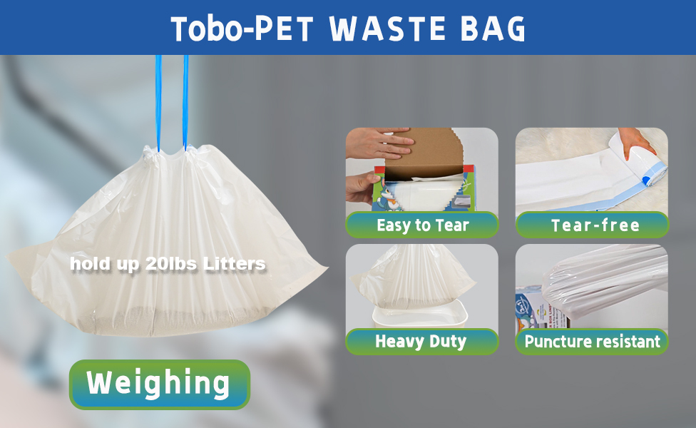 Tobo Cat Litter Box Liners with Drawstring – 30 Count | Durable, Leakproof, Rip-Resistant Bags | 3ft x 18in, 2MIL Thickness | Fits Most Litter Boxes