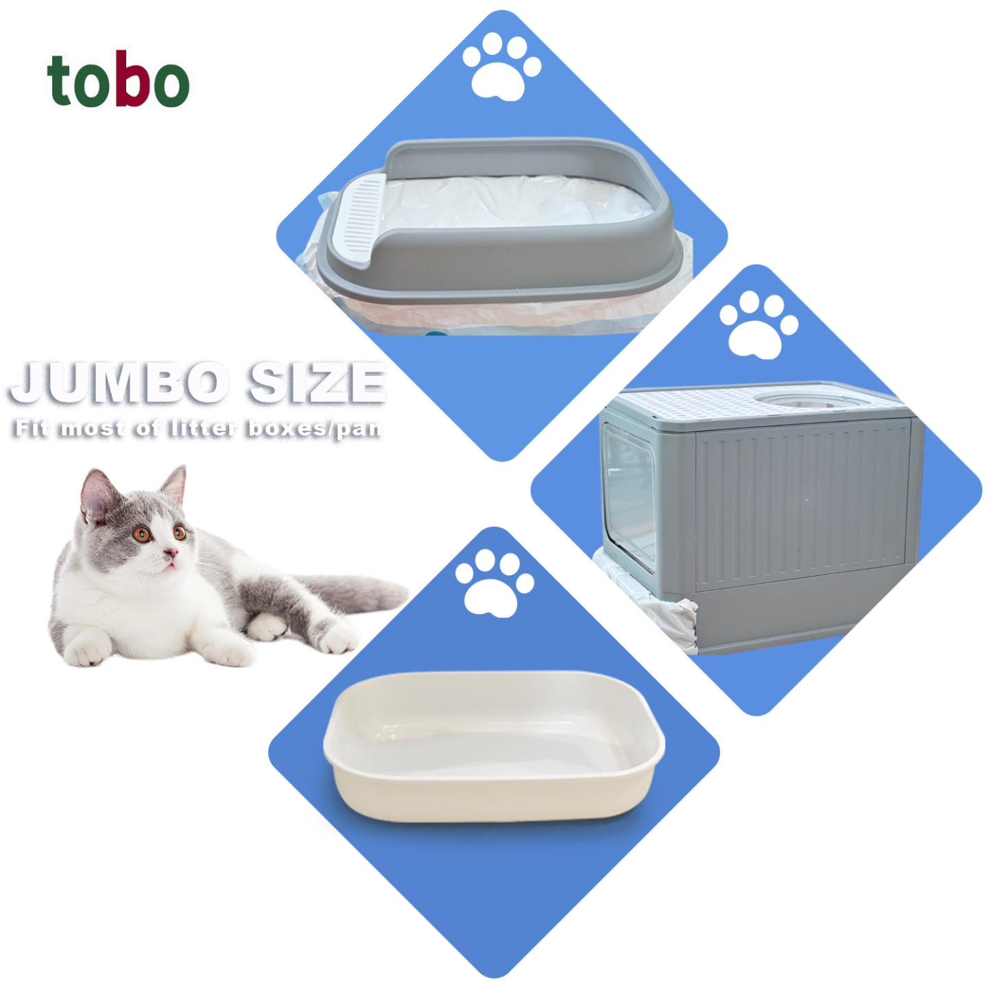 Tobo Cat Litter Box Liners with Drawstring – 30 Count | Durable, Leakproof, Rip-Resistant Bags | 3ft x 18in, 2MIL Thickness | Fits Most Litter Boxes