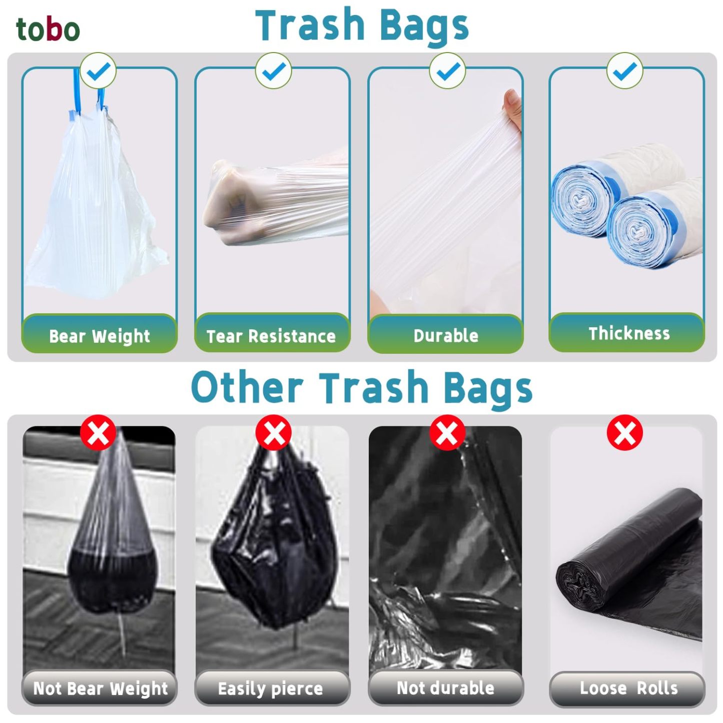 tobo Heavy Duty 8 Gallon Drawstring Trash Bags - Puncture Resistant with Fresh Lemon & Vanilla Scents, Continuous Odor Control, Reduced Plastic Usage, 80 Count (15.1L/42x46cm)