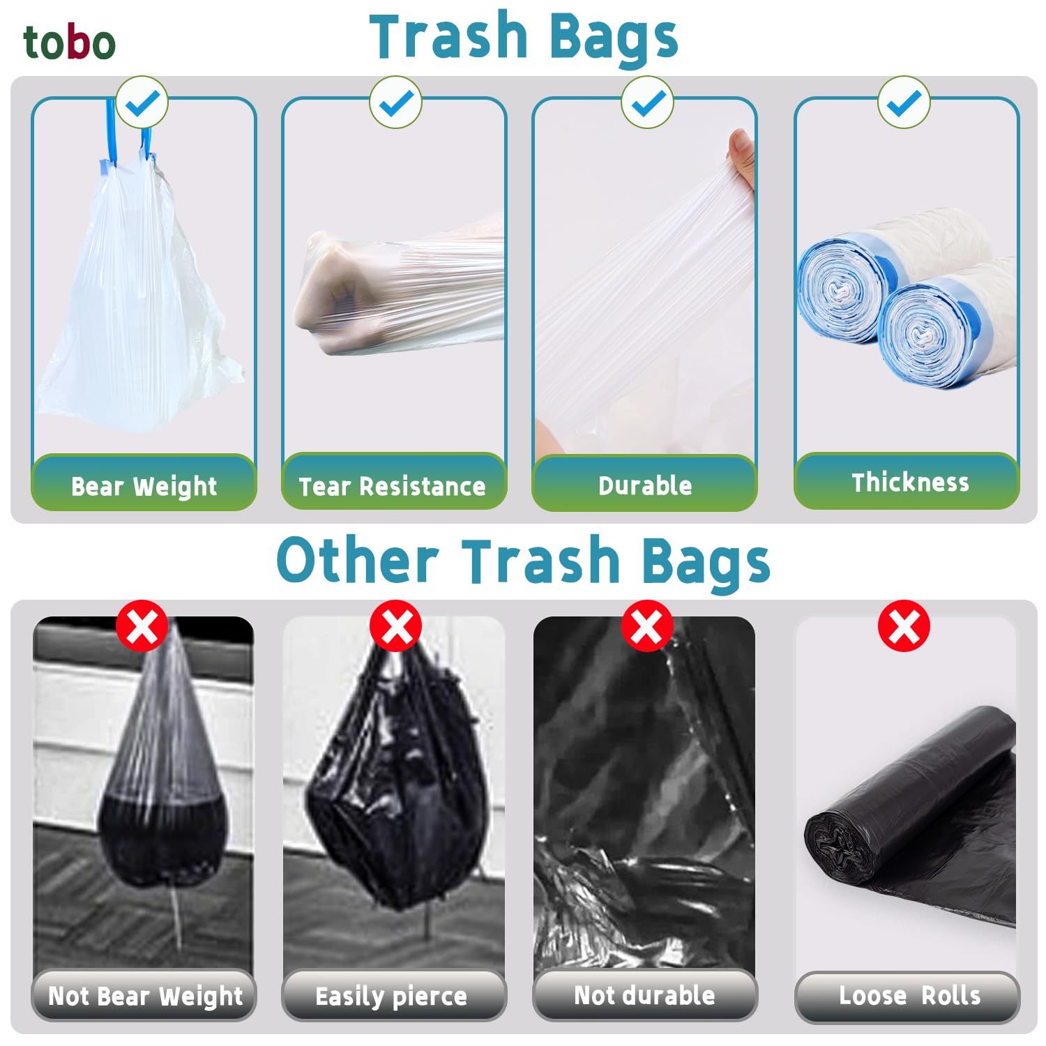 tobo Heavy Duty 8 Gallon Drawstring Trash Bags - Puncture Resistant with Fresh Lemon & Vanilla Scents, Continuous Odor Control, Reduced Plastic Usage, 80 Count (15.1L/42x46cm)