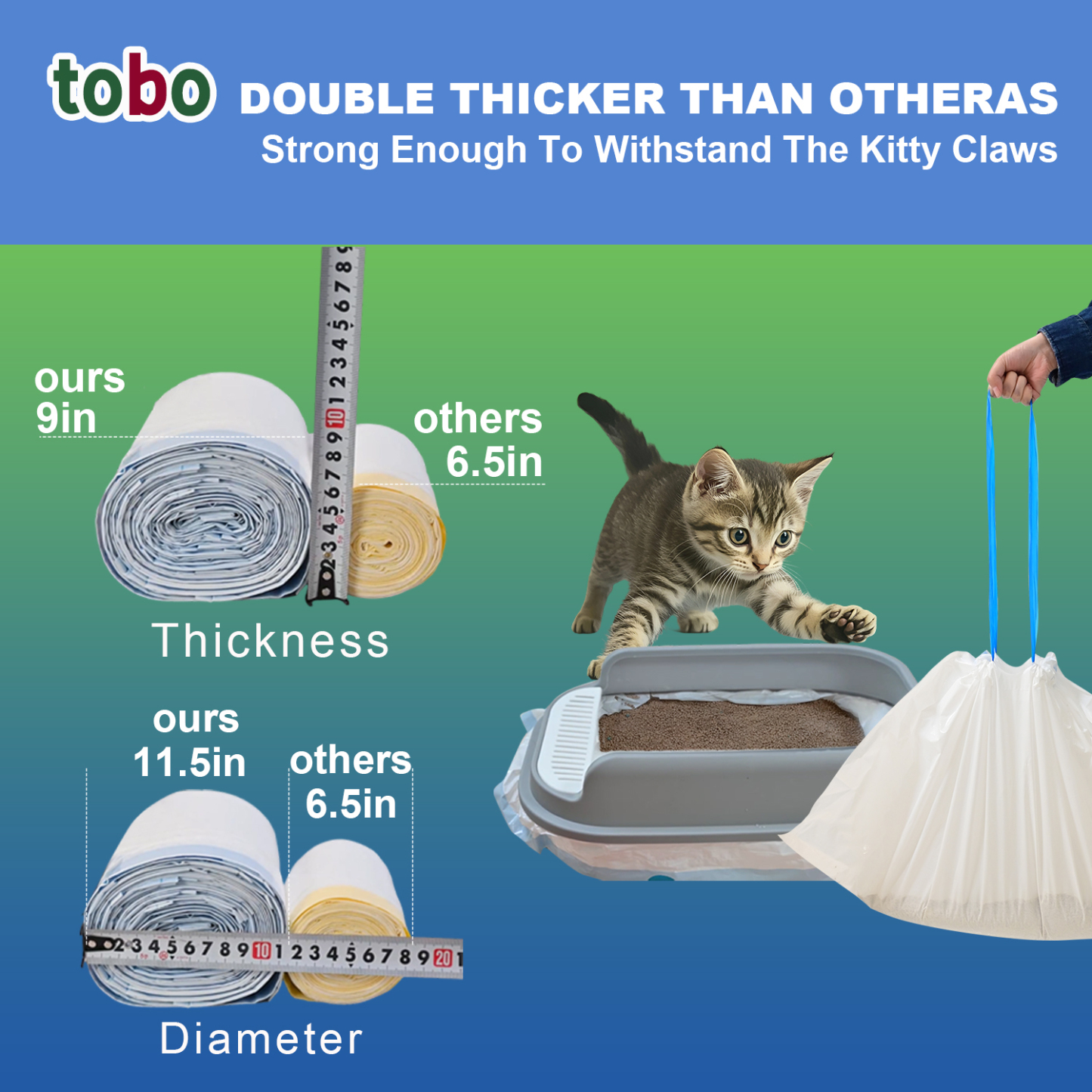 Tobo Cat Litter Box Liners with Drawstring – 30 Count | Durable, Leakproof, Rip-Resistant Bags | 3ft x 18in, 2MIL Thickness | Fits Most Litter Boxes