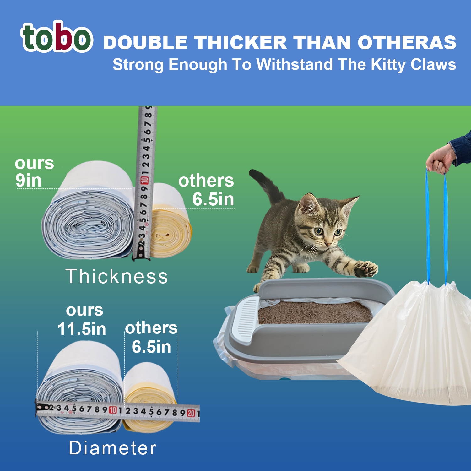 Tobo Cat Litter Box Liners with Drawstring – 30 Count | Durable, Leakproof, Rip-Resistant Bags | 3ft x 18in, 2MIL Thickness | Fits Most Litter Boxes