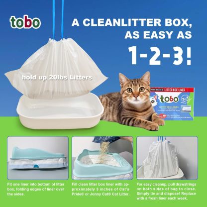 Tobo Extra-Durable Cat Litter Box Liners, 30 Count – 2 Mil Thick Drawstring Bags with Tie Handles & Reusable Canvas Tote – Leak-Resistant, Easy Clean-Up for Standard & Large Litter Pans