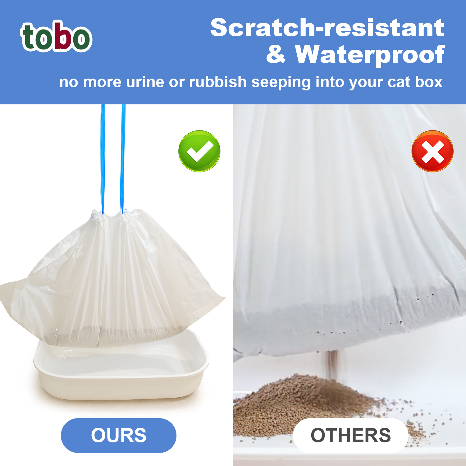 Tobo Cat Litter Box Liners with Drawstring – 30 Count | Durable, Leakproof, Rip-Resistant Bags | 3ft x 18in, 2MIL Thickness | Fits Most Litter Boxes