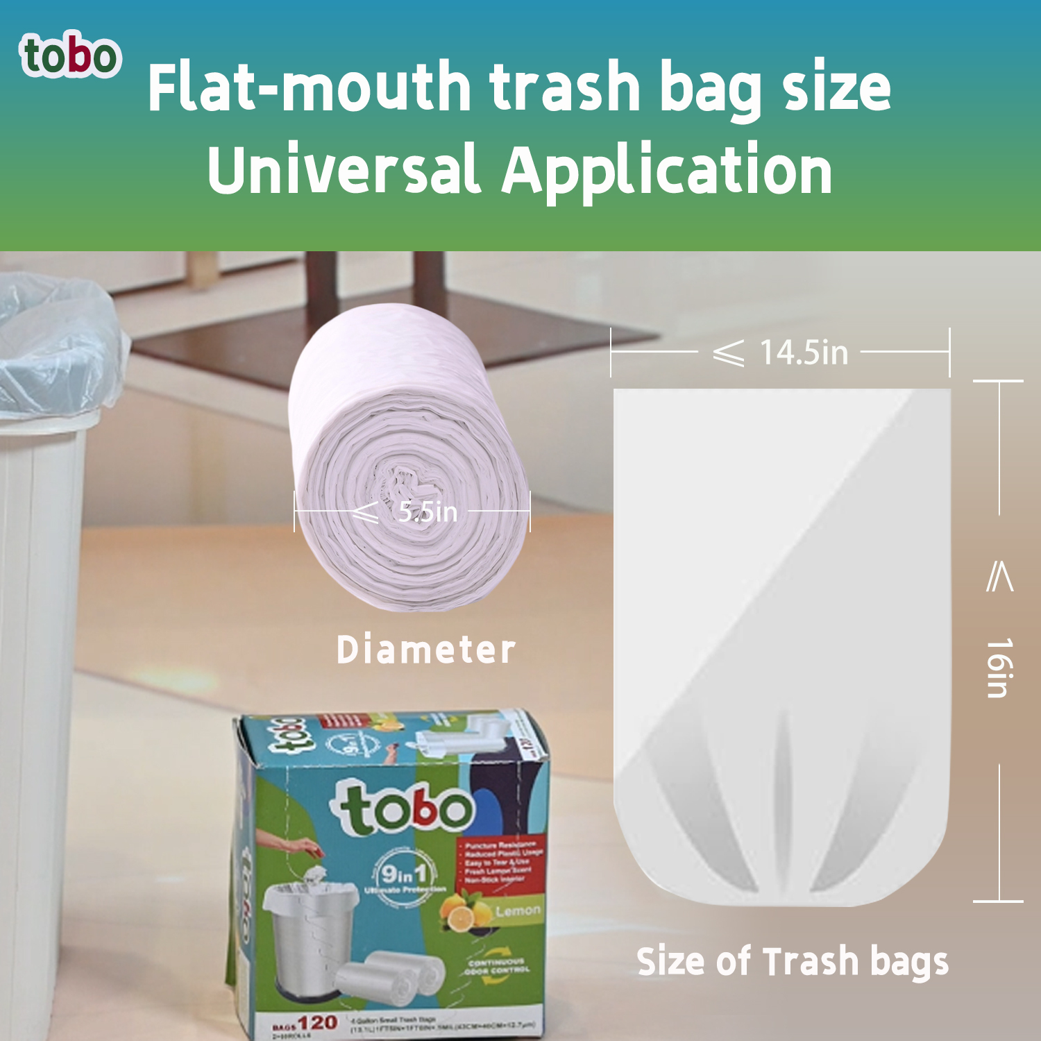 Tobo 4 Gallon Small Trash Bags – 120 Count (2 Rolls) | Lemon Scented Garbage Bags with 9-in-1 Ultimate Protection | Leak-Proof, Odor Control, Puncture Resistant