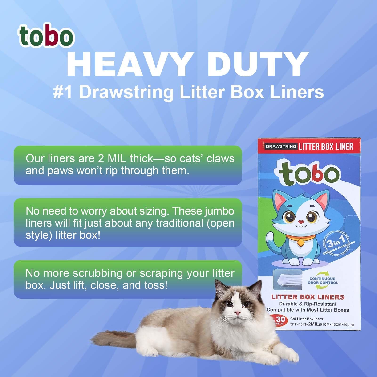Tobo Extra-Durable Cat Litter Box Liners, 30 Count – 2 Mil Thick Drawstring Bags with Tie Handles & Reusable Canvas Tote – Leak-Resistant, Easy Clean-Up for Standard & Large Litter Pans