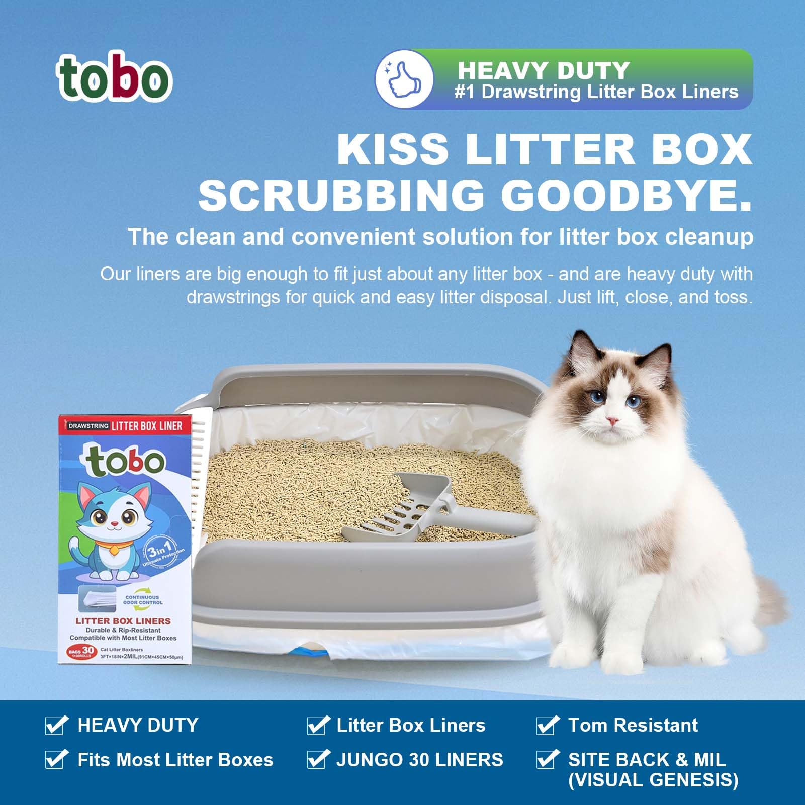 Tobo Extra-Durable Cat Litter Box Liners, 30 Count – 2 Mil Thick Drawstring Bags with Tie Handles & Reusable Canvas Tote – Leak-Resistant, Easy Clean-Up for Standard & Large Litter Pans