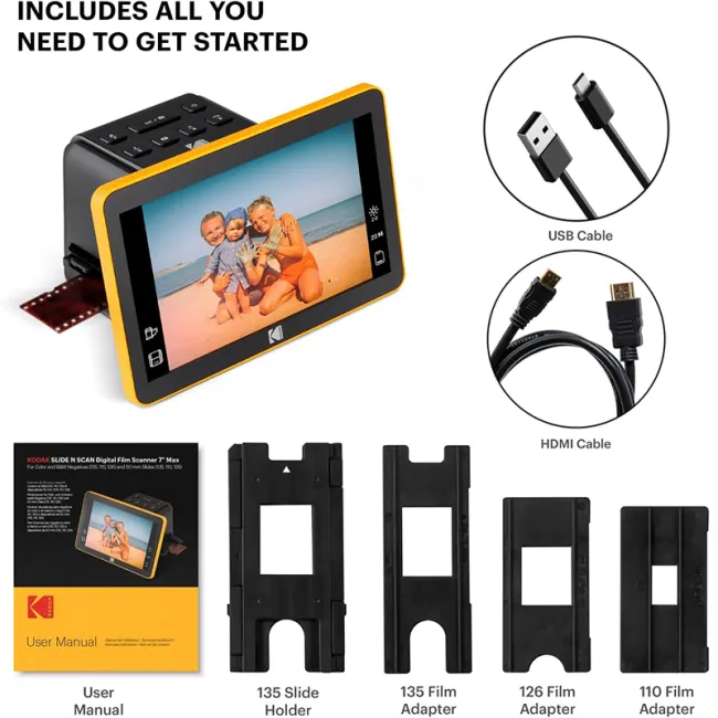 Kodak Digital Film Scanner, skener filmů a diapozitivů, který převádí 35 mm, 126 mm, 110 mm barevné a černobílé negativy a diapozitivy na digitální fotografie JPEG s vysokým rozlišením a 22 megapixely.