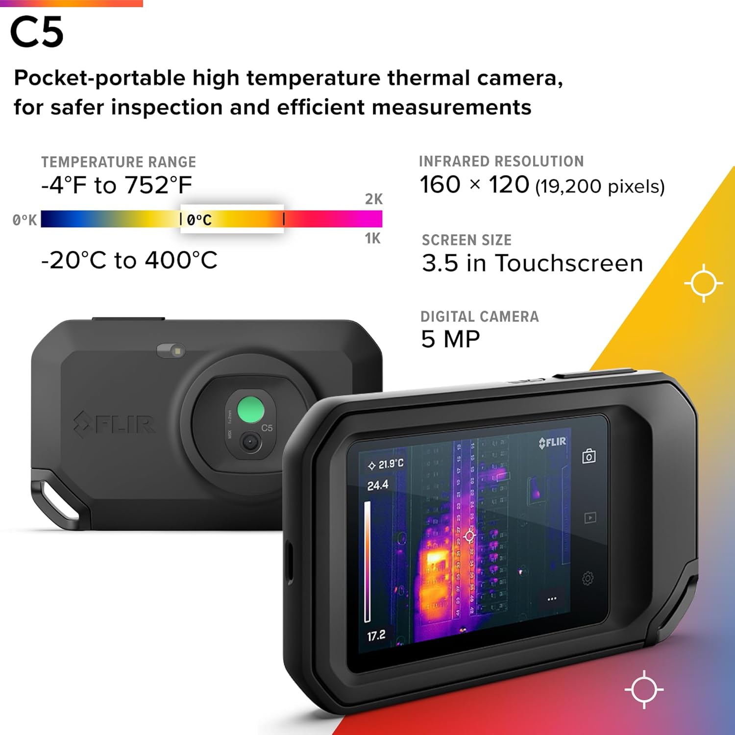 Kompaktní termokamera FLIR C5 s WiFi: Vysoce rozlišovací infračervená kamera pro inspekce, elektrotechniku/mechaniku, stavebnictví a aplikace v oblasti vytápění, větrání a klimatizace