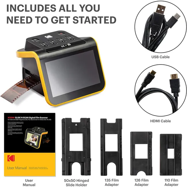 Kodak Digital Film Scanner, skener filmů a diapozitivů, který převádí 35 mm, 126 mm, 110 mm barevné a černobílé negativy a diapozitivy na digitální fotografie JPEG s vysokým rozlišením a 22 megapixely.