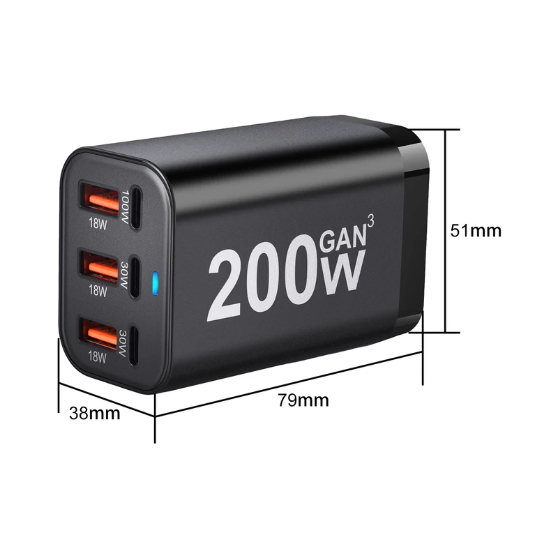 USB C 200W 6-Port USB Fast Charging Fast GaN Charger Power Adapter