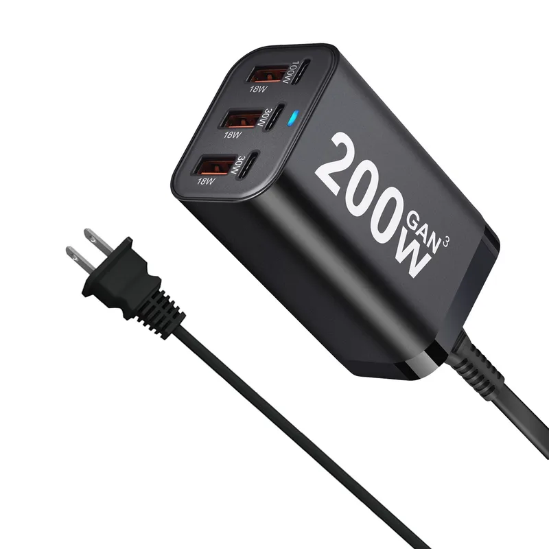 USB C 200W 6-Port USB Fast Charging Fast GaN Charger Power Adapter