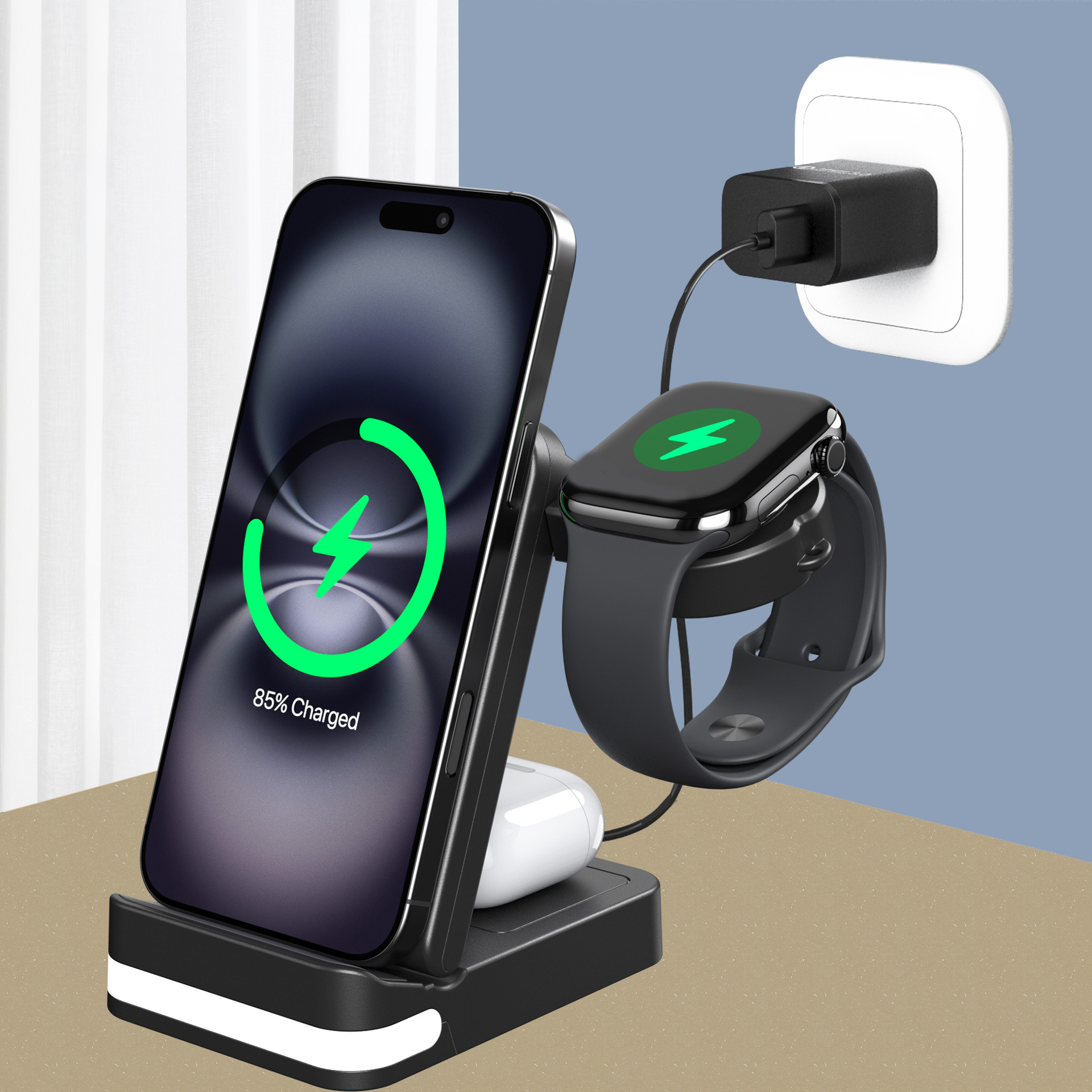 3-in-1 Wireless Charger For Watch Earphones 15W Fast Charging MultiDevice Compatible Charging Station Universal Wireless Charger-kzctec