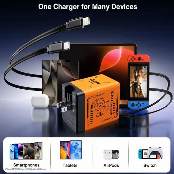 Fast 120W GaN Charger Phone USB Adapter with Retractable Type C Cable