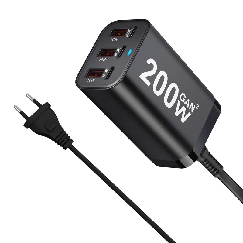USB C 200W 6-Port USB Fast Charging Fast GaN Charger Power Adapter