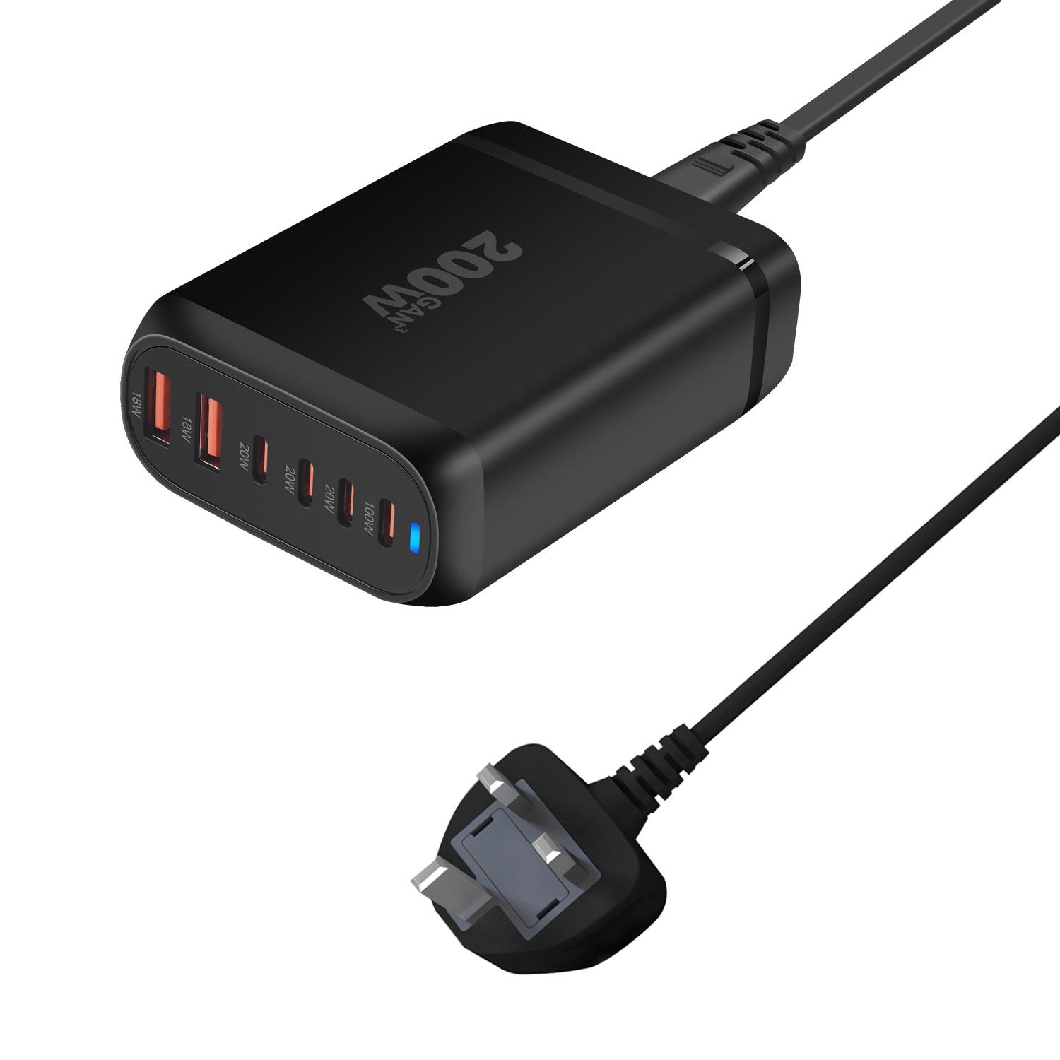 GaN Desktop 200W 6-Port Portable Fast Charging USB-C  GaN Charger