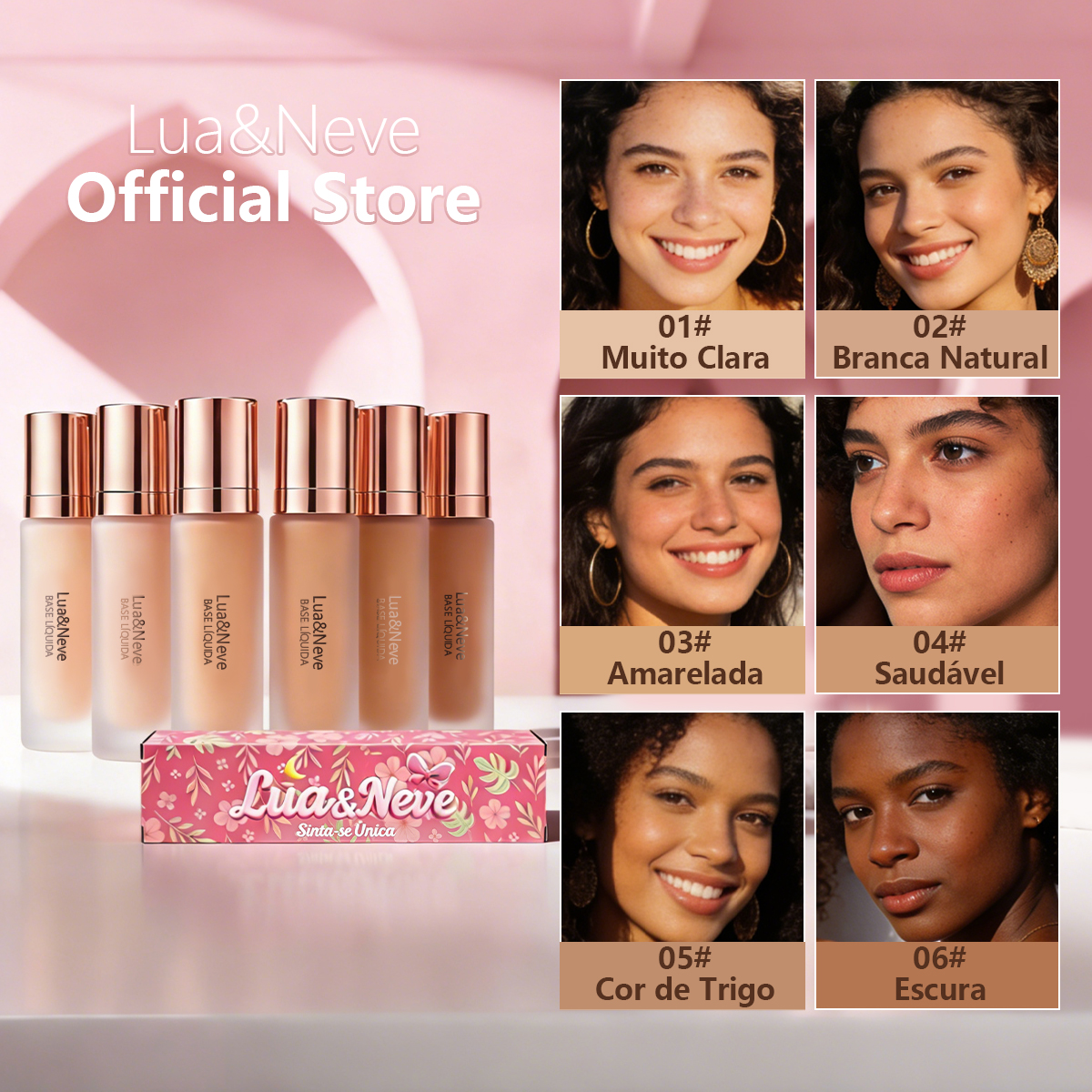 Base Líquida Lua&Neve | Várias Cores, Uniformiza Pele, Cria Base Impecável