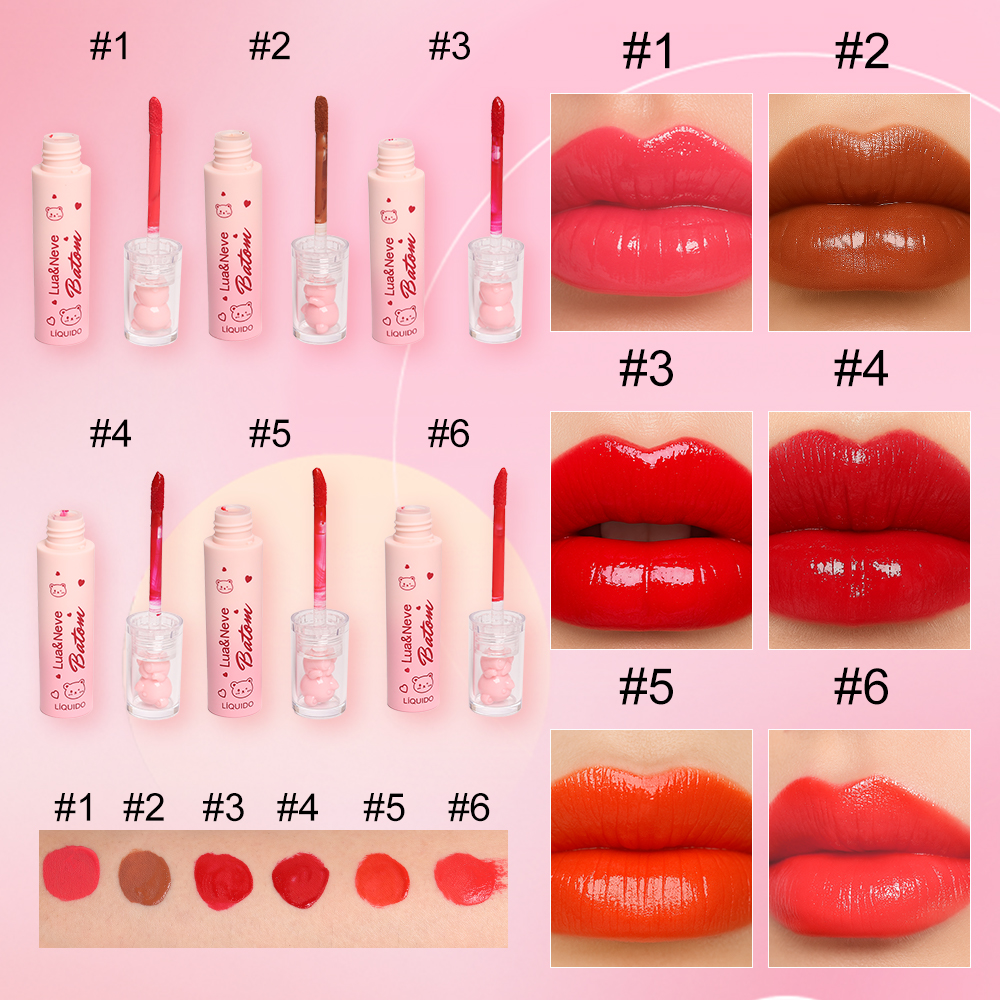 Kit de Batom Líquido Lua&Neve com Efeito de Espelho de Urso Fofo | 6 Cores Doces e Poderosas, Efeito Labios de Vidro, Criando Maquiagem Labial Versátil