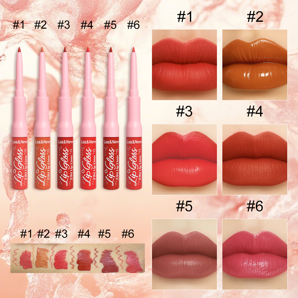 Caneta de Lip Gloss Dupla Ponta Lua&Neve | 6 Cores Intensas, Lápis Labial + Lip Gloss 2 em 1, Delimitando Forma Cheia de Lábios
