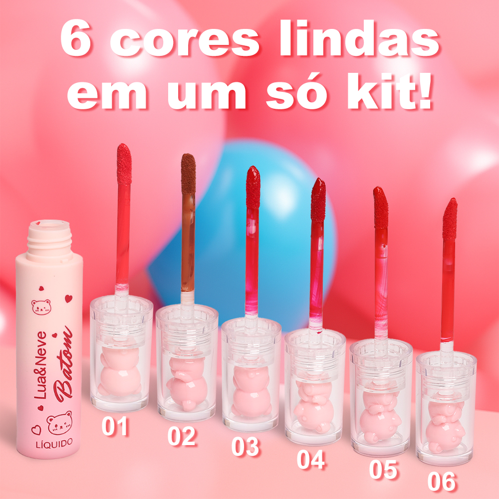 Kit de Batom Líquido Lua&Neve com Efeito de Espelho de Urso Fofo | 6 Cores Doces e Poderosas, Efeito Labios de Vidro, Criando Maquiagem Labial Versátil