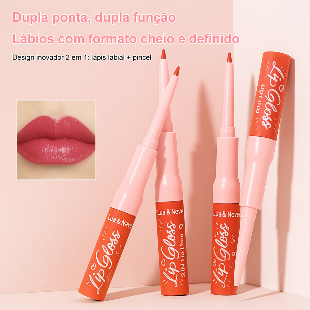 Caneta de Lip Gloss Dupla Ponta Lua&Neve | 6 Cores Intensas, Lápis Labial + Lip Gloss 2 em 1, Delimitando Forma Cheia de Lábios