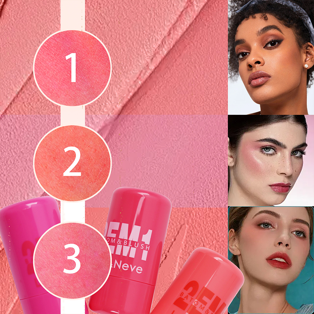 Batom e Blush 2 em 1 Lua&Neve | 3 Cores para Realçar a Pele, Mesma Cor para Lábios e Bochechas, Armação de Maquiagem Natural