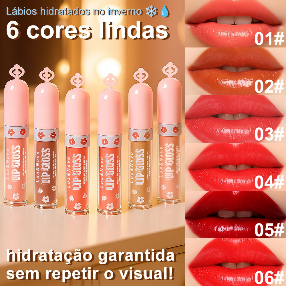Gloss Labial Lua&Neve com Tampa Rosa Floral | 6 Cores de Lábios de Vidro Transparente, Hidratação e Formação de Filme, Must - have para Garotas Doces