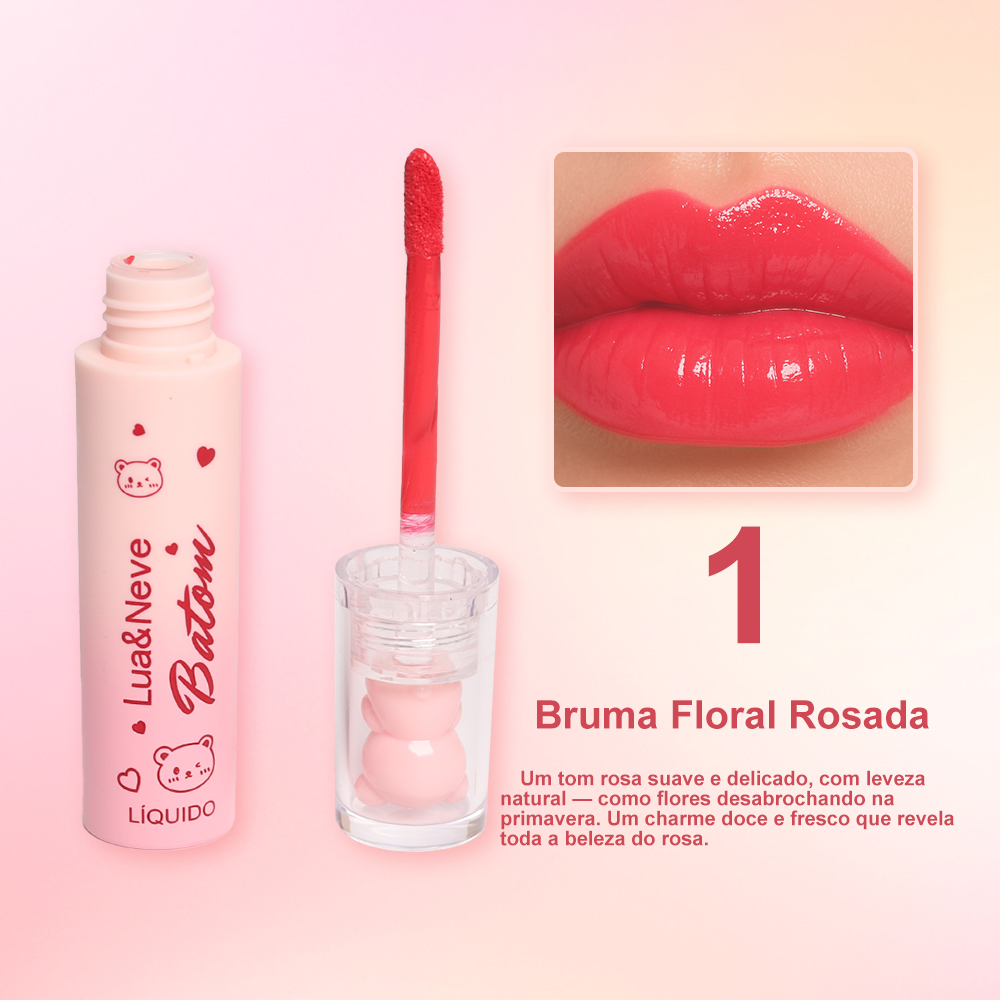 Kit de Batom Líquido Lua&Neve com Efeito de Espelho de Urso Fofo | 6 Cores Doces e Poderosas, Efeito Labios de Vidro, Criando Maquiagem Labial Versátil