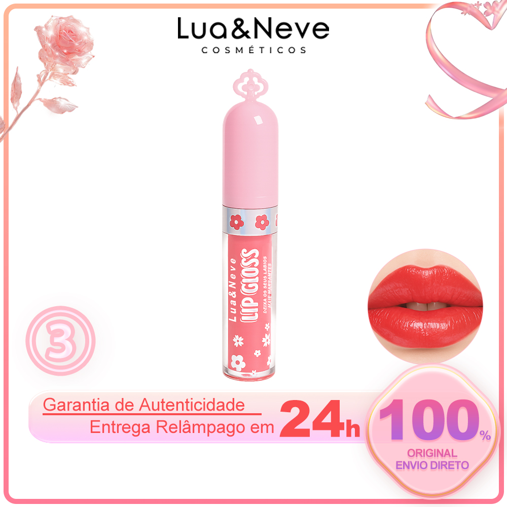 Gloss Labial Lua&Neve com Tampa Rosa Floral | 6 Cores de Lábios de Vidro Transparente, Hidratação e Formação de Filme, Must - have para Garotas Doces