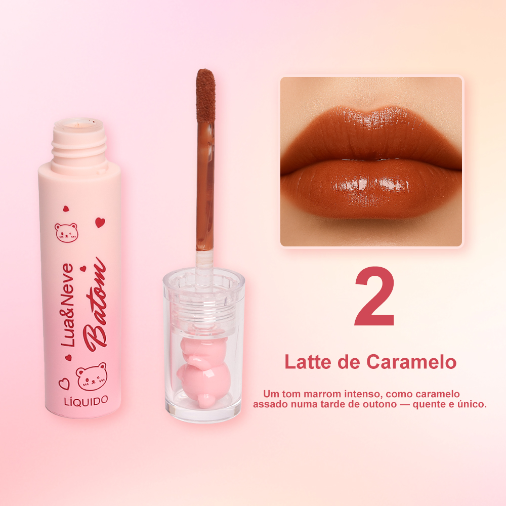 Kit de Batom Líquido Lua&Neve com Efeito de Espelho de Urso Fofo | 6 Cores Doces e Poderosas, Efeito Labios de Vidro, Criando Maquiagem Labial Versátil