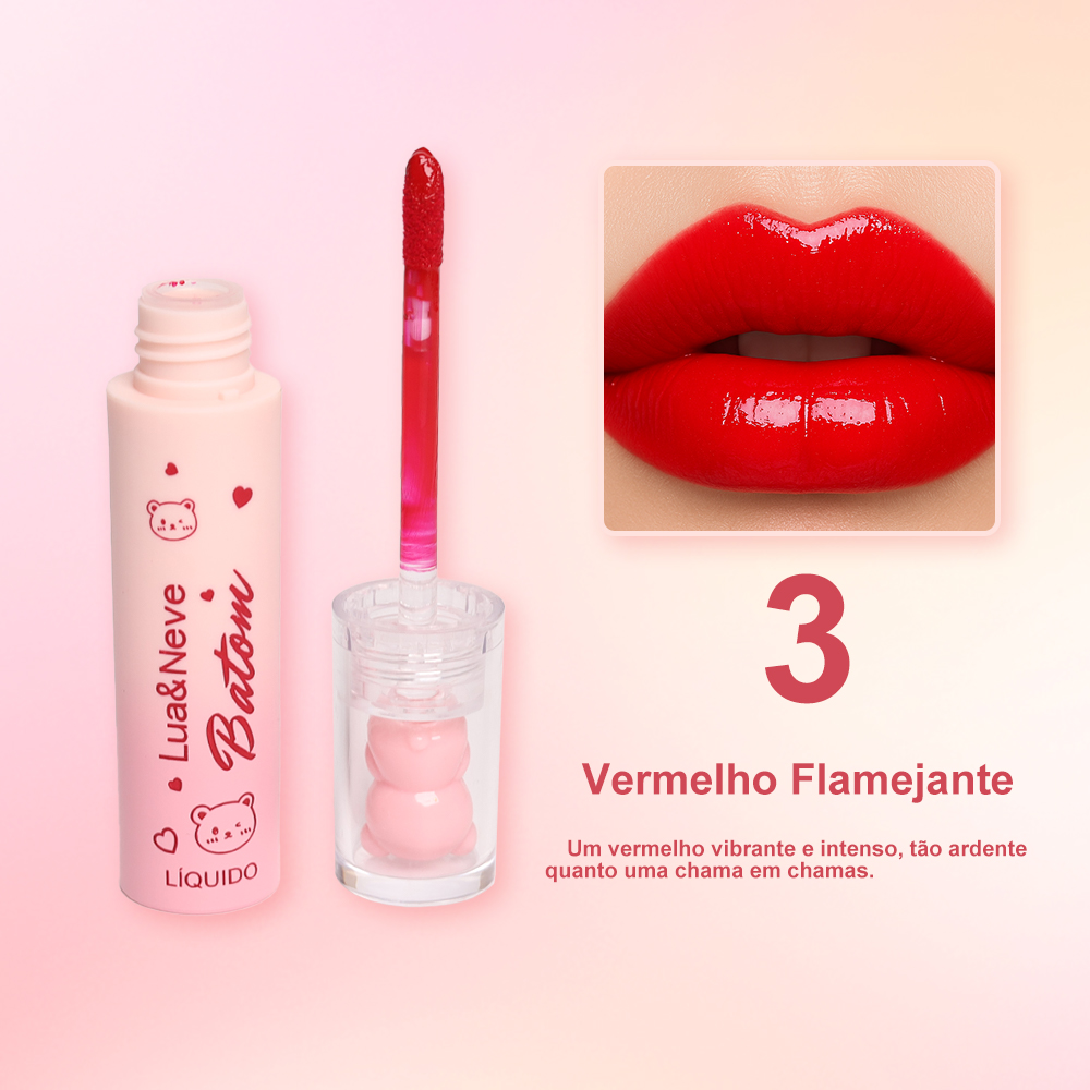 Kit de Batom Líquido Lua&Neve com Efeito de Espelho de Urso Fofo | 6 Cores Doces e Poderosas, Efeito Labios de Vidro, Criando Maquiagem Labial Versátil