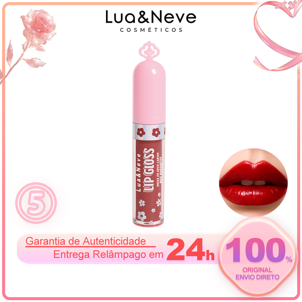 Gloss Labial Lua&Neve com Tampa Rosa Floral | 6 Cores de Lábios de Vidro Transparente, Hidratação e Formação de Filme, Must - have para Garotas Doces