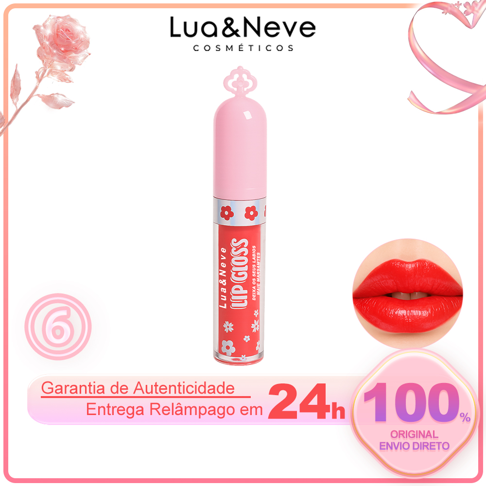 Gloss Labial Lua&Neve com Tampa Rosa Floral | 6 Cores de Lábios de Vidro Transparente, Hidratação e Formação de Filme, Must - have para Garotas Doces