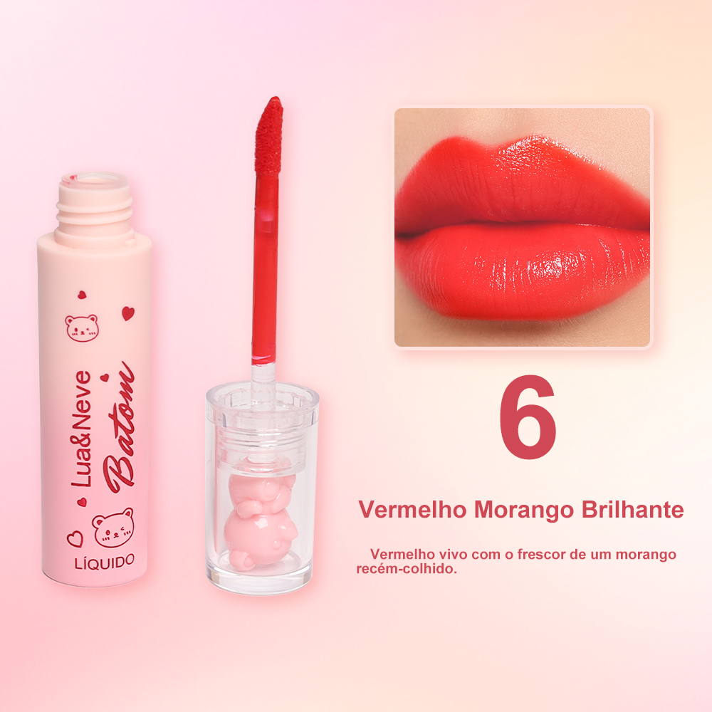 Kit de Batom Líquido Lua&Neve com Efeito de Espelho de Urso Fofo | 6 Cores Doces e Poderosas, Efeito Labios de Vidro, Criando Maquiagem Labial Versátil