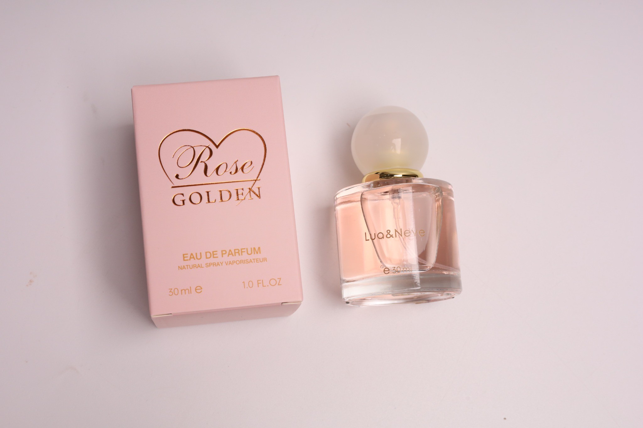 Perfume Lua&Neve Rose Golden 30ml, Tampa Esférica, Notas Florais Doces