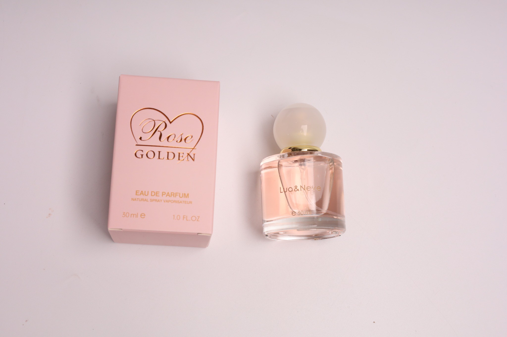 Perfume Lua&Neve Rose Golden 30ml, Tampa Esférica, Notas Florais Doces