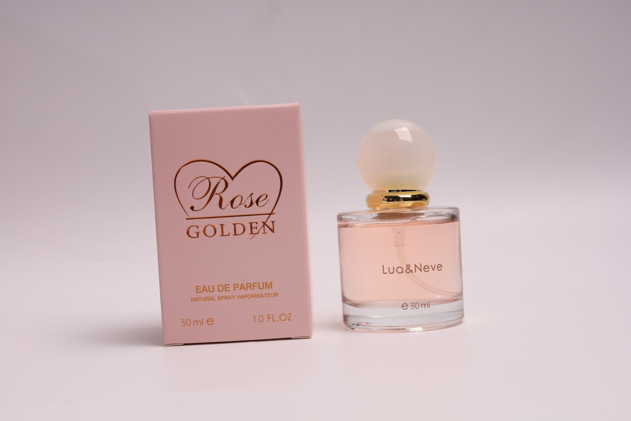 Perfume Lua&Neve Rose Golden 30ml, Tampa Esférica, Notas Florais Doces