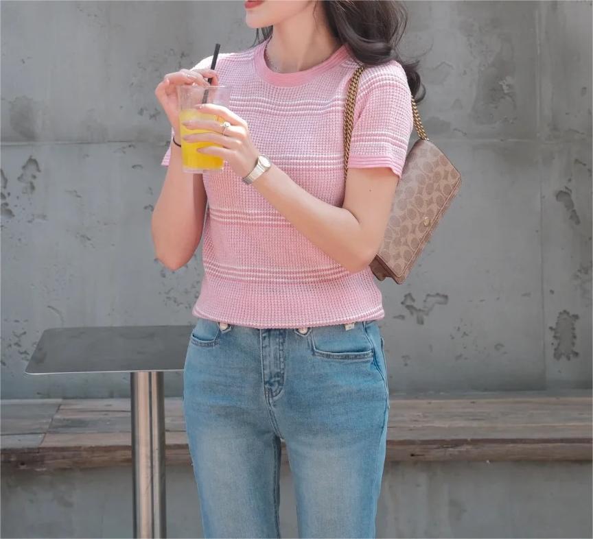 CHANE25SS Knit Colorblocked Stripe Patchwork Short Sleeve