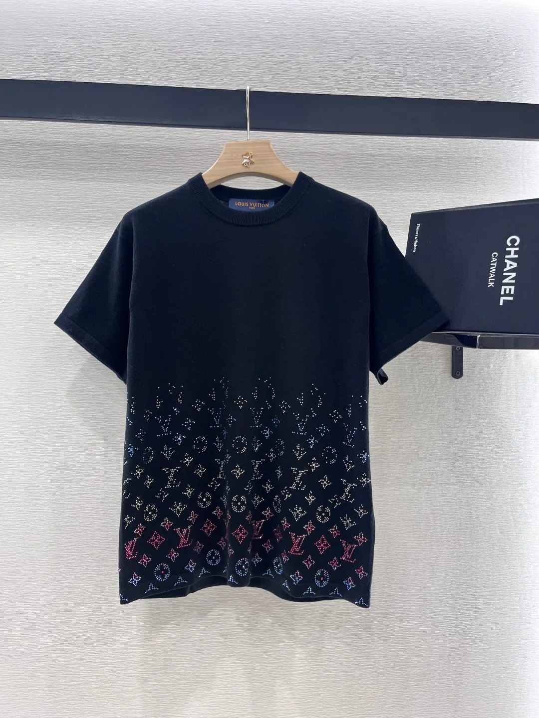 Louis Vuit25SS rhinestone trompe l'oeil jersey t-shirt