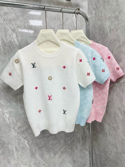 Louis Vuit25SS Flower Colourful Embroidery Embellished Round Neck Short Sleeve