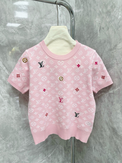 Louis Vuit25SS Flower Colourful Embroidery Embellished Round Neck Short Sleeve