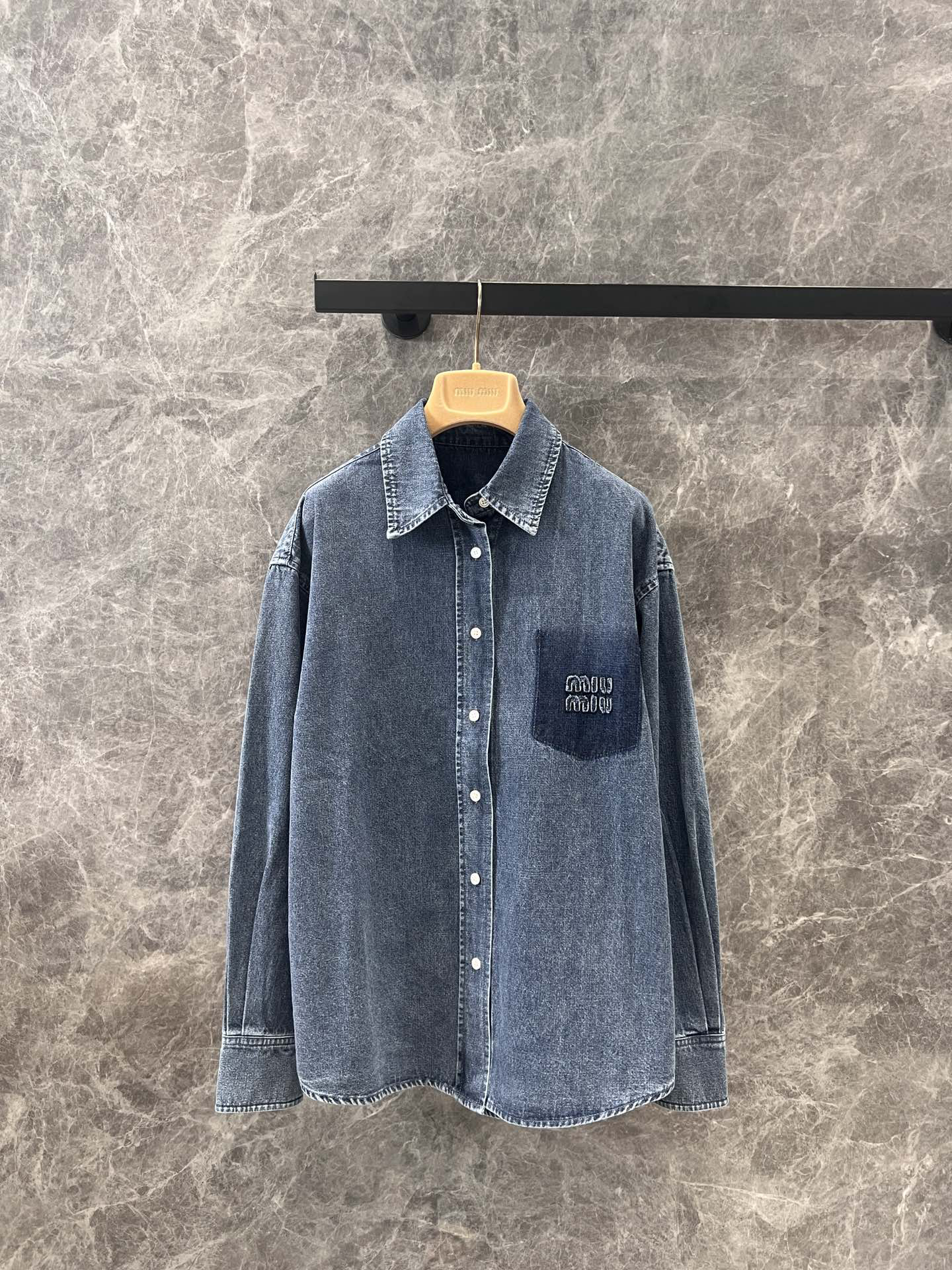 MIU25SS distressed washed denim shirt jacket