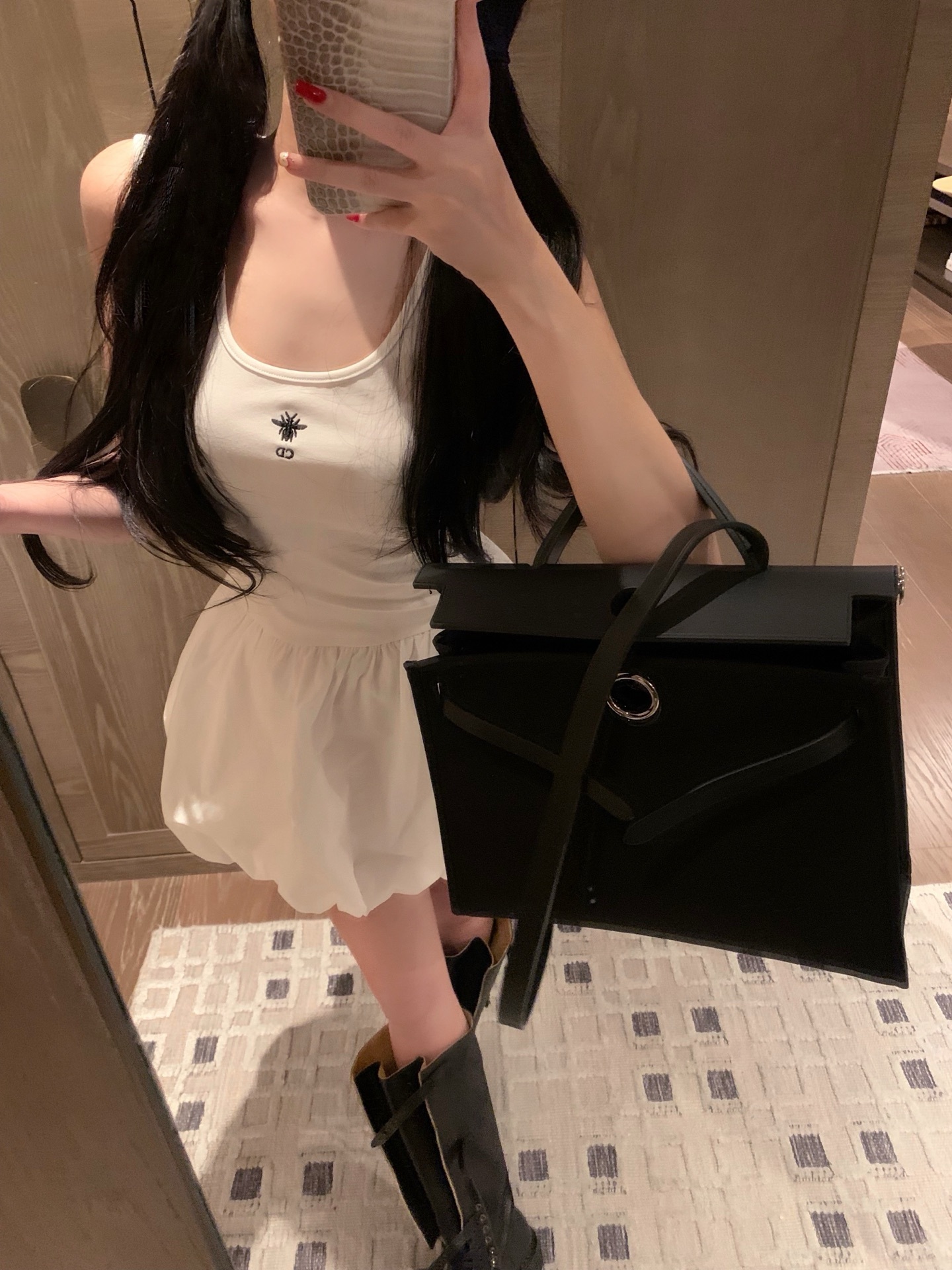 DIO25SS Embroidered Hem Patchwork Puffy Dress