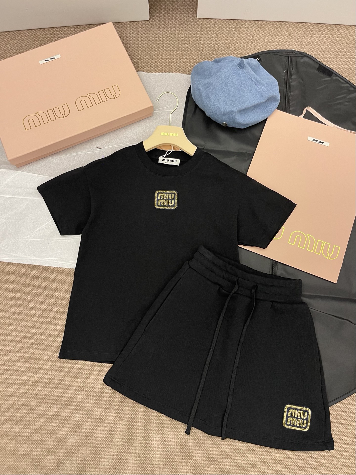 MIU25SS Gold Embroidery Letter Short Sleeve Half Dress Set