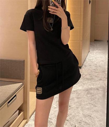 MIU25SS Gold Embroidery Letter Short Sleeve Half Dress Set