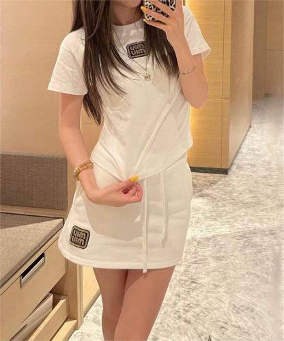 MIU25SS Gold Embroidery Letter Short Sleeve Half Dress Set