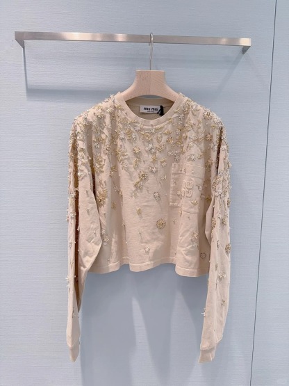 MIU25SS casual and versatile T-shirt with heavy diamonds